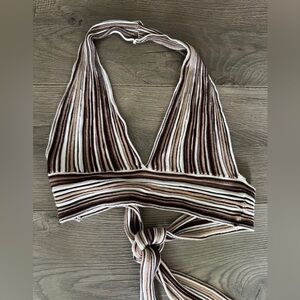 Garage Brown and White Striped Knit Halter Top Crop Tie Top